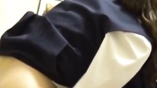 Japanese girl grinds pussy frantically on a kitchen chair