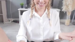 Schoolgirl surprises boypal with hot fellatio after classes, porn style.
