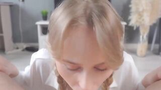 Schoolgirl surprises boypal with hot fellatio after classes, porn style.