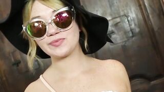 Freckled blonde fucktoy milks for first time on camera