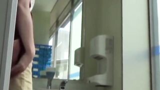 Camera watches Japanese ladies pee in a cramped restroom