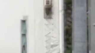 Slim college Japanese filmed by a voyeur pissing outside