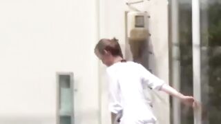 Slim college Japanese filmed by a voyeur pissing outside