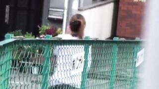 Slim college Japanese filmed by a voyeur pissing outside