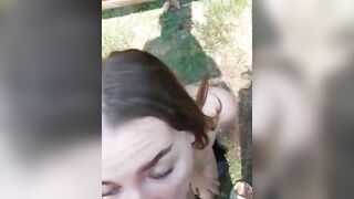 Horny slut get facial after hard doggy pounding outdoor