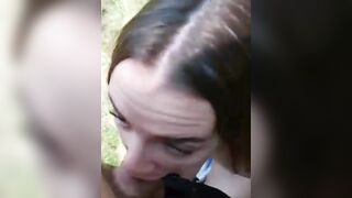 Horny slut get facial after hard doggy pounding outdoor
