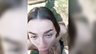 Horny slut get facial after hard doggy pounding outdoor
