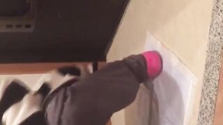 Japanese babes golden stream fills the container on camera