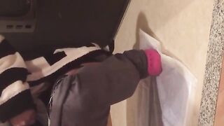 Japanese babes golden stream fills the container on camera