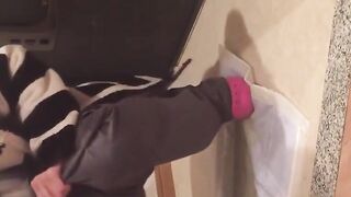 Japanese babes golden stream fills the container on camera