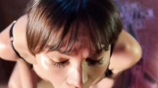 Blowjob from super hot brown-haired secretary - massive breasts and oral pleasure