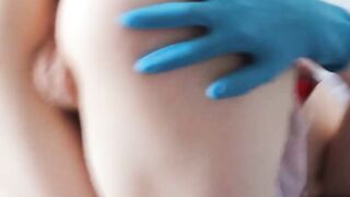 Blue-Gloved Schoolgirl Teases Her Hairy Pussy