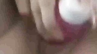 peeking at my stepsister as she toys on bed