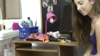 Teen plays with enormous dildo