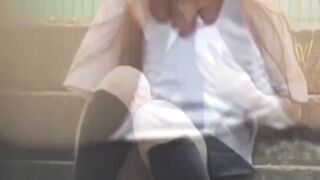 Uniformed girl rubs under her skirt and pees through panties
