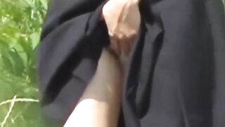 Uniformed girl rubs under her skirt and pees through panties