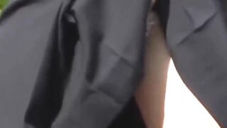 Uniformed girl rubs under her skirt and pees through panties