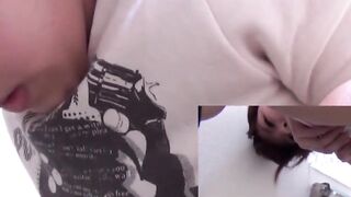 Cute ladies gush down with loud queef in a public restroom