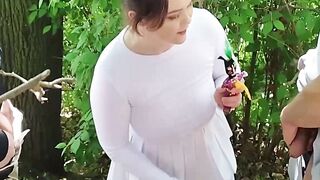 Very busty Peachy Alice lies down and lets her fuckers drill her mouth and cunt