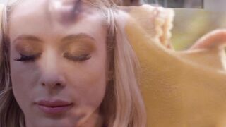 Petite blonde MILF and lesbian bestie squirt all over each other