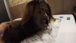 Handcuffed Asian shemale student sucks dick and enjoyed hardcore anal sex