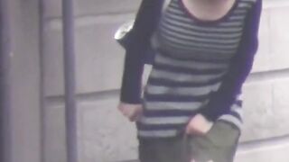Girls release golden juice from their hairy pussy in urinal