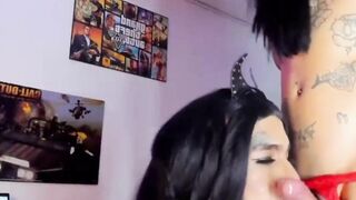 Shemale eagerly deepthroats a big trans cock