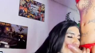Shemale eagerly deepthroats a big trans cock