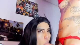 Shemale eagerly deepthroats a big trans cock