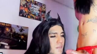 Shemale eagerly deepthroats a big trans cock