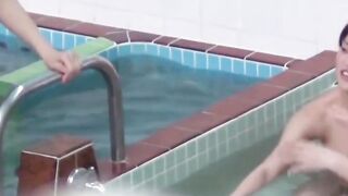Voyeur films three petite Japanese spraying in a bathhouse