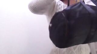 Babes wipe pussy after a leak in a shared public restroom