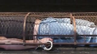 Helpless Colt Rivers trapped inside a cage while Adam Herst anal fucks him