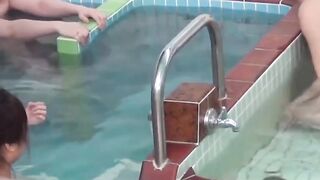Naughty girls filmed streaming juices in a steamy bathhouse