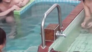 Naughty girls filmed streaming juices in a steamy bathhouse