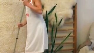 Big titted slut rides hard pole