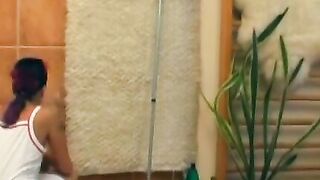 Big titted slut rides hard pole