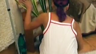 Big titted slut rides hard pole