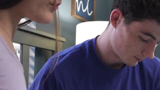 Petite Juniper Ren gives stepbro a relaxing blowjob after his study sesh