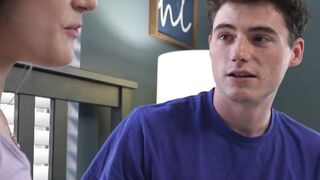 Petite Juniper Ren gives stepbro a relaxing blowjob after his study sesh
