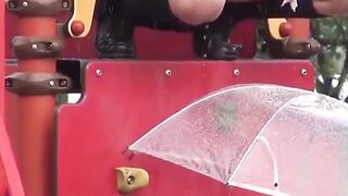 Naughty schoolgirls collect golden showers with an umbrella