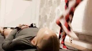 Alexandra crushes face while milking cock