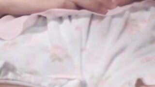 Horny Asian rubs shaved cunt while perv watches live