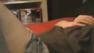 Thick Asian gives pussy rubbing show to a stalker voyeur