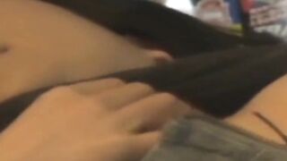 Thick Asian gives pussy rubbing show to a stalker voyeur