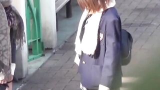 Japanese schoolgirl teens are teasing each other while peeing