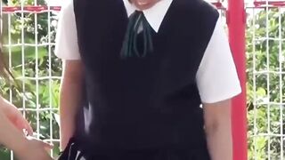 Japanese schoolgirl teens are teasing each other while peeing