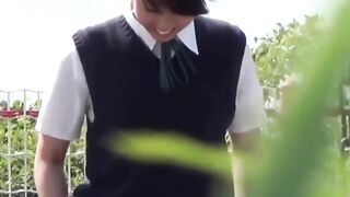 Japanese schoolgirl teens are teasing each other while peeing