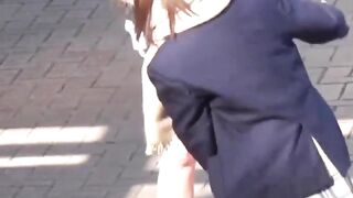 Japanese schoolgirl teens are teasing each other while peeing