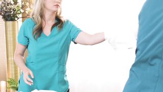 Lesbian blonde masseur fucks big boobs MILF coworker with strapon